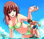  1girl :d bikini breasts brown_hair cleavage cloud day front-tie_top giantess green_bikini green_eyes hair_over_one_eye large_breasts long_hair male_swimwear miniboy navel ocean open_mouth original partially_submerged rock side-tie_bikini size_difference smile splashing swim_trunks swimsuit swimwear teston 