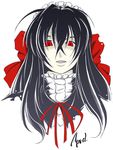  april_(coyote_ragtime_show) artist_request bangs black_hair character_name coyote_ragtime_show lace long_hair neck_ribbon red_eyes ribbon simple_background solo white_background 