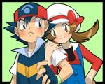  1girl amada baseball_cap brown_eyes brown_hair cabbie_hat couple fingerless_gloves gloves hand_on_hip hat hat_ribbon hetero kotone_(pokemon) pokemon pokemon_(anime) pokemon_(game) pokemon_hgss red_ribbon ribbon satoshi_(pokemon) sweatdrop twintails 