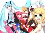  4girls aqua_eyes aqua_hair bad_id bad_pixiv_id black_legwear blonde_hair blue_eyes blue_hair blue_scarf bow brown_hair detached_sleeves gloves hair_bow hatsune_miku heki_kiri kagamine_len kagamine_rin kaito long_hair megurine_luka meiko microphone midriff multiple_boys multiple_girls pink_hair red_eyes scarf short_hair simple_background thighhighs twintails very_long_hair vocaloid 