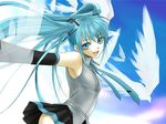  bird blue_hair hatsune_miku long_hair looking_at_viewer open_mouth outstretched_arms sky smile solo spread_arms twintails vocaloid yuzelhu 