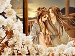  brown_hair flowers guoguo japanese_clothes kimono long_hair sky 