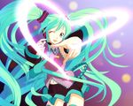  blue_eyes blue_hair hatsune_miku long_hair microphone skirt thigh-highs twintails vocaloid wink 