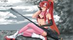  1girl bangs boots breasts brown_eyes female gloves gun long_hair mira_(artist) pink_legwear pink_thighhighs ponytail red_hair scarf short solo tengen_toppa_gurren_lagann thighhighs tied_hair under_boob underboob uniform weapon yoko_littner yoko_ritona 