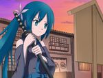  blue_eyes blue_hair flowers hatsune_miku long_hair sunset sword vocaloid weapon 