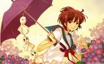  brown_eyes brown_hair flowers ribbons short_hair suzumiya_haruhi suzumiya_haruhi_no_yuuutsu watermark 