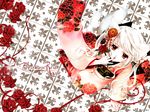  animal_ears flowers japanese_clothes kimono red_eyes rose tail white_hair 