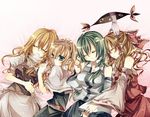  alice_margatroid blonde_hair brown_hair dress gloves green_eyes green_hair group japanese_clothes kirisame_marisa kochiya_sanae miko short_hair sleeping touhou tsukioka_tsukiho white yakumo_yukari 