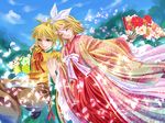  blonde_hair blue_eyes fan flowers japanese_clothes kagamine_len kagamine_rin kimono petals ponytail ribbons short_hair vocaloid 