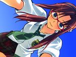  blue_eyes brown_hair glasses long_hair makinami_mari_illustrious neon_genesis_evangelion seifuku tie 