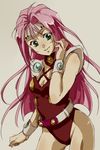  belt breasts cleavage green_eyes headband kiri_(linalool) leotard long_hair macross macross_7 mylene_jenius no_panties no_pants pink_hair red_leotard shoulder_pads small_breasts smile solo wristband 