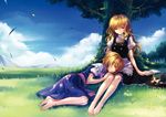  against_tree alice_margatroid apron barefoot blonde_hair book bow buttons cloud day feet flower grass hair_bow hairband hand_on_head hat hat_removed headwear_removed kieta kirisame_marisa lap_pillow long_hair long_legs meadow mountain multiple_girls nature shade short_hair sitting sky sleeping smile touhou tree wavy_hair wind yellow_eyes 