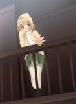  blonde_hair eyebrows_visible_through_hair green_skirt guard_rail hands hood hood_up long_sleeves open_mouth original outstretched_arm pantyhose piyodera_mucha skirt sleeves_past_wrists solo standing white_legwear yellow_eyes 