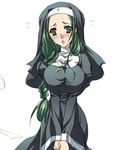  artist_request blush braid breasts copyright_request green_hair large_breasts long_sleeves nun single_braid solo worried 