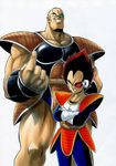  armor bald black_hair bracer dragon_ball dragon_ball_z facial_hair gloves male_focus multiple_boys muscle mustache nappa scouter smirk spiked_hair tail tapo vegeta 