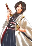  black_hair bleach braid front_braid front_ponytail haori japanese_clothes long_sleeves lowres puchi_(code-k) single_braid solo sword taichou_haori unohana_retsu weapon 