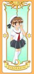  blush cardcaptor_sakura clow_card genderswap genderswap_(mtf) highres li_xiaolang pisipisi school_uniform skirt solo thighhighs tomoeda_elementary_school_uniform zettai_ryouiki 