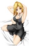  adjusting_hair armpits arms_behind_head barefoot bed bed_sheet big_wednesday black_dress blonde_hair breasts collarbone copyright_request dress large_breasts mouth_hold red_eyes ribbon ribbon_in_mouth sitting solo yokozuwari 