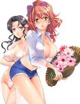  bikini black_hair blush breasts brown_eyes brown_hair cleavage copyright_request denim denim_shorts flower fujisaka_kuuki huge_breasts large_breasts long_hair long_sleeves multiple_girls open_clothes open_shirt purple_eyes shirt shorts swimsuit 