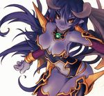  armor artist_request astaroth_(shinrabanshou) bare_shoulders black_sclera blue_hair blue_skin demon_girl earrings heart heart_earrings horns jewelry long_hair pointy_ears red_eyes shinrabanshou solo succubus tail thighhighs wings 