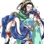  1girl black_hair blue_dress blue_hair bow bun_cover cape carrying chinese_clothes couple detached_sleeves double_bun dress earrings hair_bun hat headdress heart hetero jewelry kiss liu_bei long_hair low-tied_long_hair matsukura_nemu princess_carry san_chin sangokushi_taisen twintails white_background 