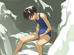  black_hair closed_eyes hate_shinaku_aoi_kono_sora_no_shita_de.... masturbation matsukura_ai one-piece_swimsuit rock school_swimsuit short_hair solo swimsuit takamichi 