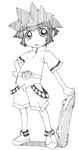  :o androgynous artist_request belt belt_buckle blush buckle full_body greyscale hand_on_hip holding looking_at_viewer matsubara_kaoru monochrome parted_lips powered_buttercup powerpuff_girls_z shorts simple_background skateboard solo standing white_background 