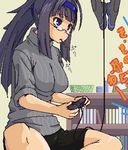  artist_request bike_shorts copyright_request food game_console glasses lowres oekaki playing_games playstation_2 pocky sleeves_rolled_up solo sweater video_game 