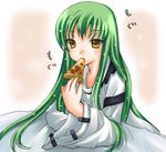  artist_request bangs c.c. code_geass food green_hair holding_pizza long_hair pizza slice_of_pizza solo straitjacket 