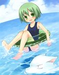  animal copyright_request green_eyes green_hair innertube kito_(sorahate) one-piece_swimsuit school_swimsuit short_hair solo swimsuit transparent water 