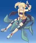  arcana_heart bat_wings demon_girl elbow_pads fingerless_gloves gloves inline_skates knee_pads lilica_felchenerow one_eye_closed pointy_ears roller_skates skates solo souzan_kurasuke spandex tempestas twintails wings zipper 