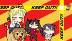  artist_request artoria_pendragon_(all) blonde_hair blood blouse caution_tape cigarette death fate/stay_night fate_(series) ga_rune_pose galaxy_angel galaxy_angel_rune keep_out lion long_sleeves matou_sakura multiple_girls noose pantyhose parody riding rope saber toosaka_rin turtleneck 