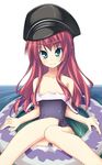  bare_shoulders black_school_swimsuit dies_irae flat_chest green_eyes hat long_hair one-piece_swimsuit peaked_cap pink_hair rusalka_schwagerin school_swimsuit shimakaze smile solo strap_slip swimsuit water 