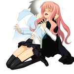  1girl a1 black_legwear blush closed_eyes deredere hiraga_saito hug kneeling long_hair long_sleeves louise_francoise_le_blanc_de_la_valliere navel open_mouth panties pink_hair reclining skirt sweat thighhighs underwear white_panties witch zero_no_tsukaima 