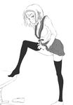  greyscale kita_high_school_uniform legs long_sleeves monochrome osuzu_akiomi school_uniform serafuku solo suzumiya_haruhi suzumiya_haruhi_no_yuuutsu thighhighs 