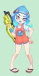  1girl :d badge basketball_jersey beanie black_footwear black_shorts blue_hair blue_hat button_badge eyes_visible_through_hair fang finger_on_trigger full_body green_background hat hero_shot_(splatoon_2) highres holding jersey jtveemo legs_apart long_hair looking_at_viewer octarian octoling open_mouth pigeon-toed sandals shirt short_sleeves shorts silver_eyes smile solo splatoon splatoon_(series) splatoon_2 squid standing star suction_cups t-shirt tentacle_hair white_shirt wristband 