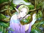  blonde_hair elf fay-mecta_ethona forest long_sleeves looking_at_viewer nanahira_ai nature outdoors plant pointy_ears ponytail short_hair solo tree upper_body wide_sleeves 