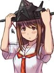  armpit_peek artist_request blush brown_eyes brown_hair downblouse frown hands_on_headwear hat hoshino_yuumi kibina_high_school_uniform kimi_kiss school_uniform sidelocks solo 