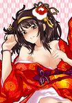  bare_shoulders bracelet breasts brown_hair japanese_clothes jewelry kimono long_sleeves medium_breasts nipple_slip nipples osuzu_akiomi pubic_hair short_hair solo suzumiya_haruhi suzumiya_haruhi_no_yuuutsu yagasuri 