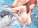  1girl animal_print breast_grab breasts cleavage_(game) closed_eyes couple cow_print dutch_angle game_cg grabbing groping happy hetero huge_breasts ichinose_sayaka long_hair mature nipples open_clothes open_shirt pool red_hair sei_shoujo shirt slingshot_swimsuit smile swimsuit water 