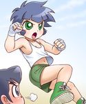  1girl armpits artist_request bare_shoulders black_hair flat_chest green_eyes kitazawa_ken matsubara_kaoru navel powered_buttercup powerpuff_girls_z short_hair shorts sweat tank_top 