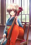  :d brown_eyes brown_hair cello chair hanpen instrument japanese_clothes kimono long_sleeves open_mouth original short_hair sitting smile solo window 
