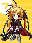  artist_request asymmetrical_hair bardiche belt black_dress black_legwear blonde_hair buckle cape dress fate_testarossa hammer holding holding_weapon long_hair looking_at_viewer lowres lyrical_nanoha mahou_shoujo_lyrical_nanoha red_eyes simple_background solo spiked_hair thighhighs weapon yellow_background zettai_ryouiki 