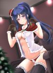  10s 1girl blue_hair blurry blurry_foreground breasts frapowa gloves hair_ornament hat indoors large_breasts long_hair looking_at_viewer love_live! love_live!_sunshine!! matsuura_kanan navel no_bra open_clothes panties purple_eyes sitting solo thighhighs underwear 