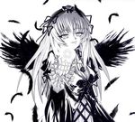  artist_request bangs breasts feathered_wings feathers greyscale hairband light_smile lolita_hairband long_hair long_sleeves looking_at_viewer medium_breasts meimei monochrome open_mouth rozen_maiden simple_background smile solo suigintou white_background wings 
