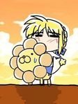  animated animated_gif artoria_pendragon_(all) blonde_hair eating fate/stay_night fate_(series) lion long_sleeves lowres mister_donut non-web_source pon_de_lion riding saber solo what 