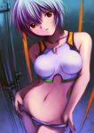  ayanami_rei blue_hair bra breasts duplicate highres kobayashi_yuuji lowleg lowleg_panties medium_breasts midriff neon_genesis_evangelion panties panty_pull solo standing underwear white_bra white_panties 