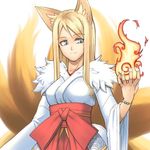  animal_ears blue_eyes fox_ears fox_tail hakama japanese_clothes jingai_modoki lowres miko multiple_tails original red_hakama solo tail 