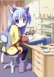  animal_ears blue_eyes blue_hair boots cat_ears desk drawing food long_hair long_sleeves mouth_hold original pocky sakanaya_nakasa sketching solo tail thighhighs 