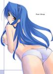  ass back blue_hair blush breast_hold breasts butt_crack hairband large_breasts long_hair looking_back panties pastel_chime pastel_chime_continue saika_s._falnese solo topless tsuina underwear underwear_only white_panties yellow_eyes 